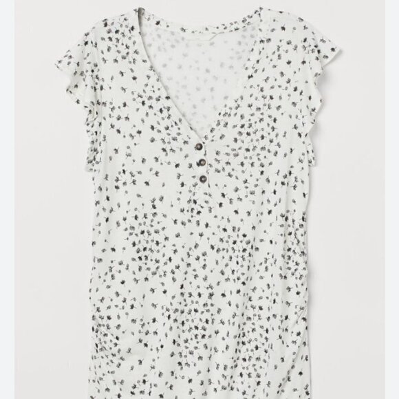 H&M Mama Women's Maternity Size S Short Flutter Sleeve V Neck White Floral Shirt - Picture 1 of 10